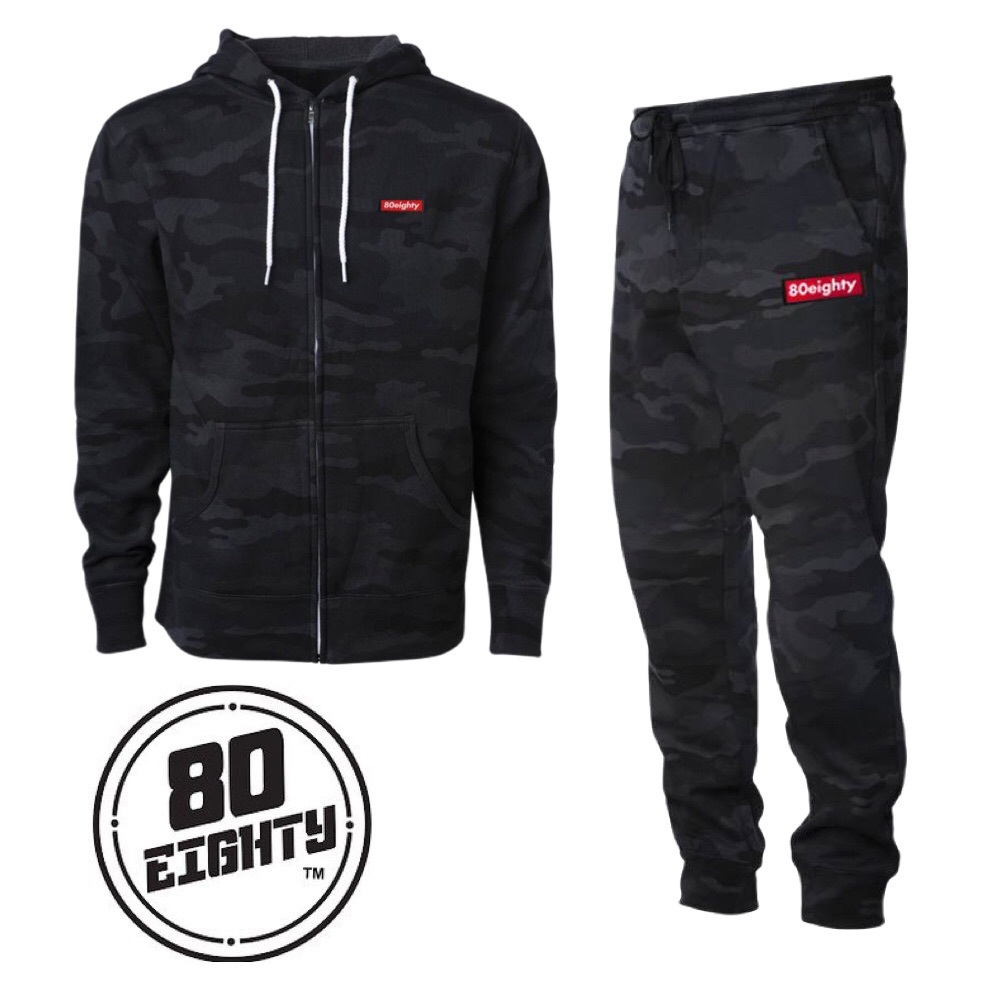 80eighty Premium Camo Zip Up Hoodie Sweater and Sweat Pants Set Bundle Gear